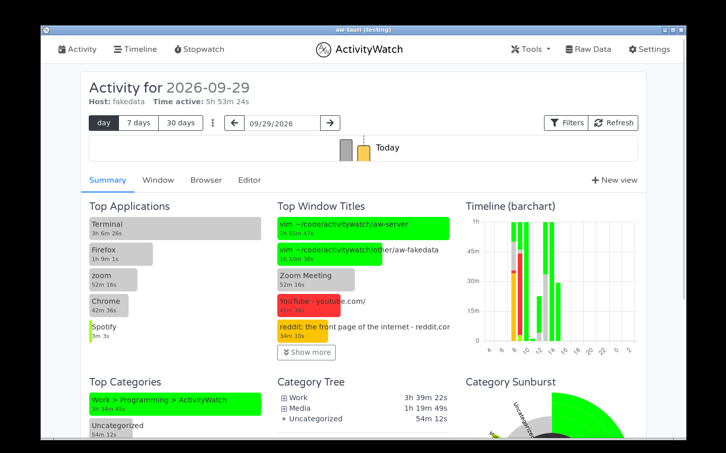 The ActivityWatch Activity view (7-day aggregate with top applications and categories) running inside the aw-tauri application window