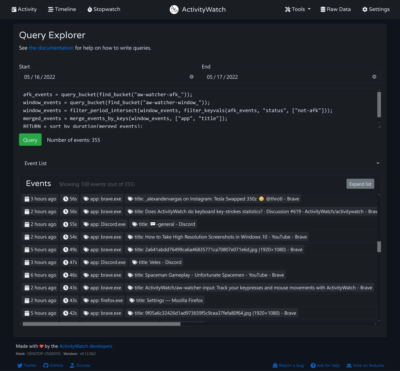 ActivityWatch v0.12: Query explorer