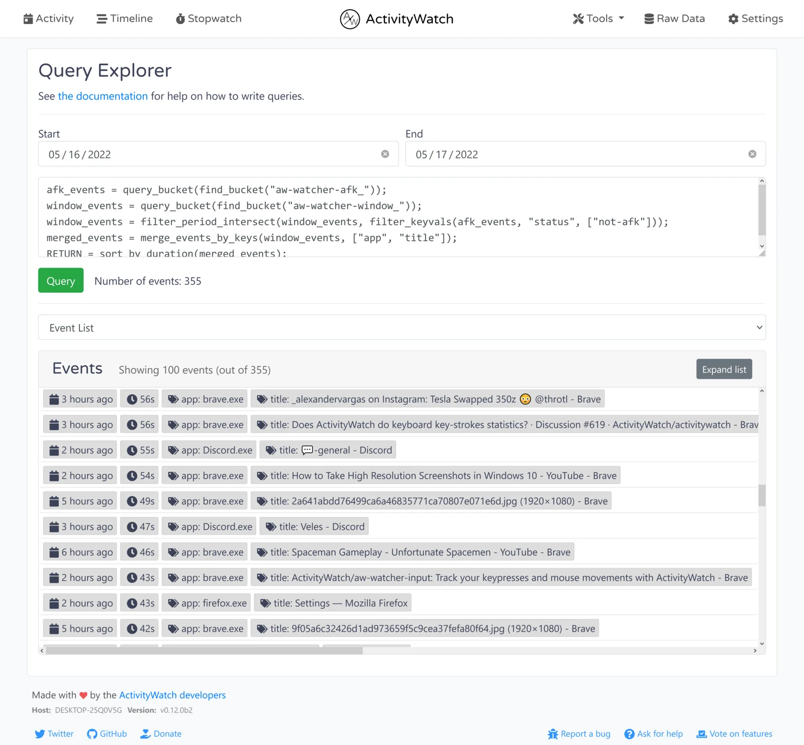 ActivityWatch v0.12: Query explorer