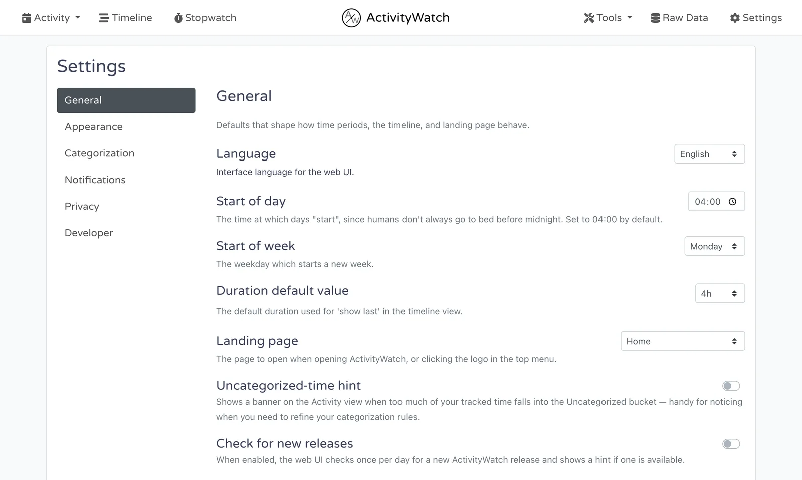 ActivityWatch v0.14.0: Settings